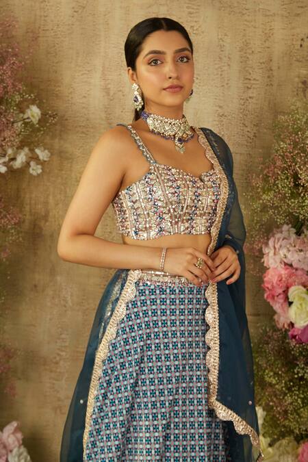 Ria Shah Label_Blue Polyester, Organza Sequins, Geometric Print Lehenga Set With Dupatta _Online_at_Aza_Fashions