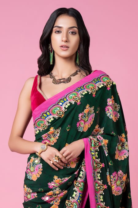 Shop_Siddhartha Bansal_Green Pure Crepe Embroidered Paisley Royal Print Saree With Blouse  _Online_at_Aza_Fashions