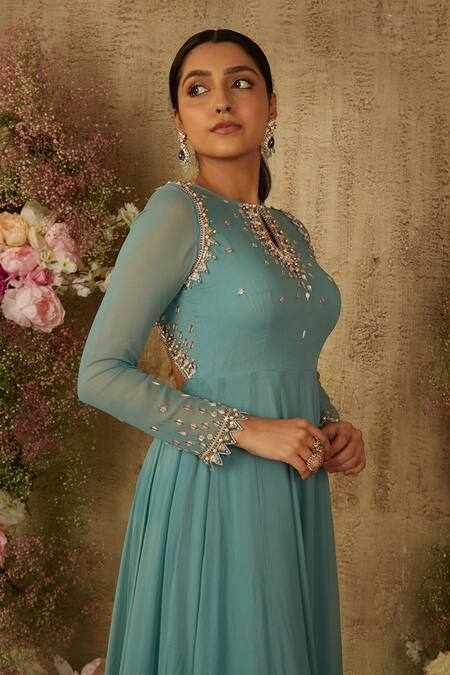 Ria Shah Label Blue Georgette Sequins, Crystals Keyhole Neck Embellished Fit And Flare Anarkali Online at Aza Fashions Ria Shah Label_Blue Georgette Sequins, Crystals Keyhole Neck Embellished Fit And Flare Anarkali _Online_at_Aza_Fashions