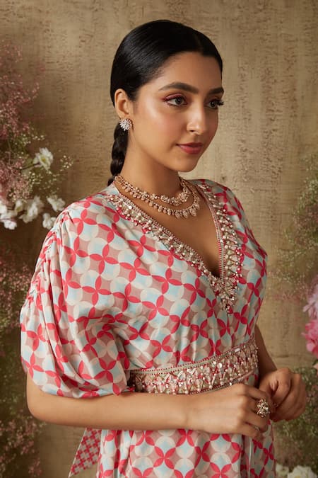 Ria Shah Label Pink Polyester, Crepe Pearls, Geometric Print Front Slit Kaftan With Sharara Online at Aza Fashions Ria Shah Label_Pink Polyester, Crepe Pearls, Geometric Print Front Slit Kaftan With Sharara _Online_at_Aza_Fashions