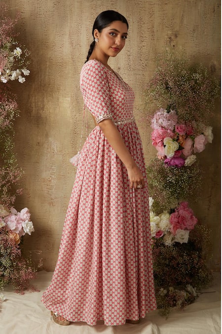 Ria Shah Label Pink Polyester Sequins, Crystals V-neck Geometric Print Flared Anarkali Online at Aza Fashions Ria Shah Label_Pink Polyester Sequins, Crystals V-neck Geometric Print Flared Anarkali _Online_at_Aza_Fashions