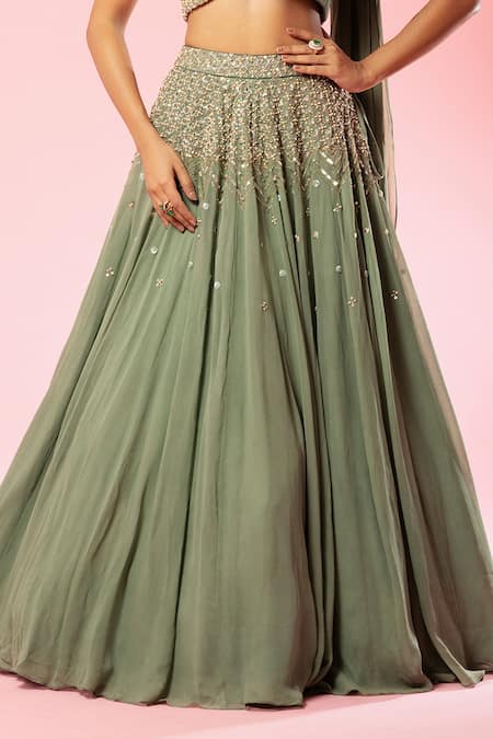 Shop Quench A Thirst Green Georgette Embroidery, Cut Work, Sequins Lehenga And Draped Blouse Set Online at Aza Fashions Shop_Quench A Thirst_Green Georgette Embroidery, Cut Work, Sequins Lehenga And Draped Blouse Set _Online_at_Aza_Fashions