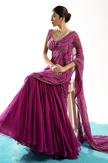 Shop Charu And Vasundhara Purple Tussar Embroidery Ellora Pre-draped Organza Lehenga Saree With Blouse Online at Aza Fashions Shop_Charu And Vasundhara_Purple Tussar Embroidery Ellora Pre-draped Organza Lehenga Saree With Blouse _Online_at_Aza_Fashions