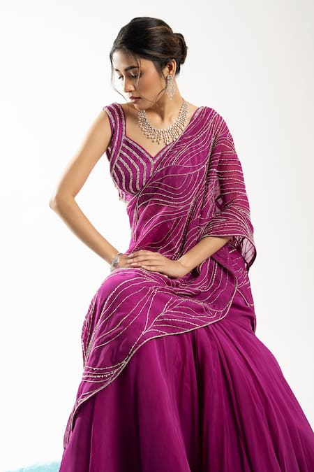 Charu And Vasundhara Purple Tussar Embroidery Ellora Pre-draped Organza Lehenga Saree With Blouse at Aza Fashions Charu And Vasundhara_Purple Tussar Embroidery Ellora Pre-draped Organza Lehenga Saree With Blouse _at_Aza_Fashions