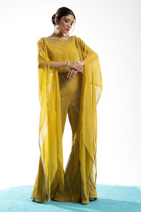 Charu And Vasundhara_Yellow Net, Organza Sequins, Embroidery Round Neck Ernisa Poncho Pant Set _Online_at_Aza_Fashions