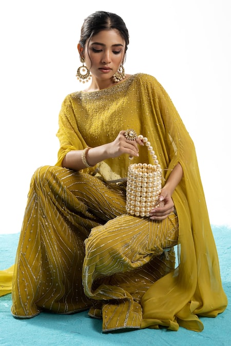 Buy_Charu And Vasundhara_Yellow Net, Organza Sequins, Embroidery Round Neck Ernisa Poncho Pant Set _Online_at_Aza_Fashions