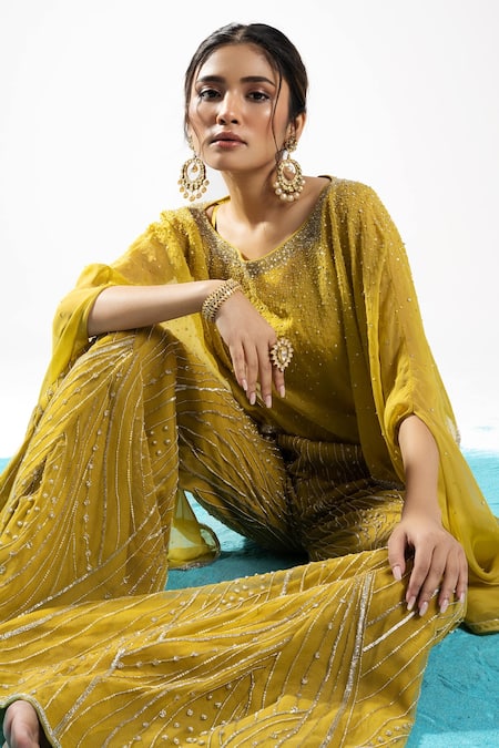 Shop_Charu And Vasundhara_Yellow Net, Organza Sequins, Embroidery Round Neck Ernisa Poncho Pant Set _Online_at_Aza_Fashions