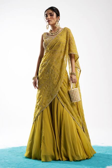 Charu And Vasundhara_Yellow Tussar, Organza Sequins, Esrat Pre-draped Lehenga Saree With Blouse _Online_at_Aza_Fashions