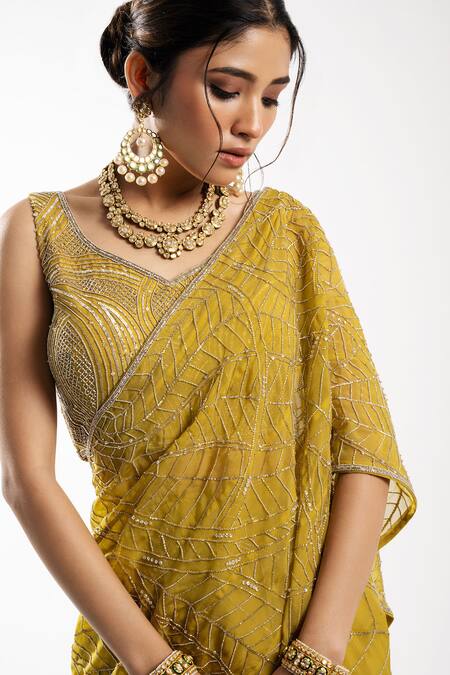 Buy_Charu And Vasundhara_Yellow Tussar, Organza Sequins, Esrat Pre-draped Lehenga Saree With Blouse _Online_at_Aza_Fashions