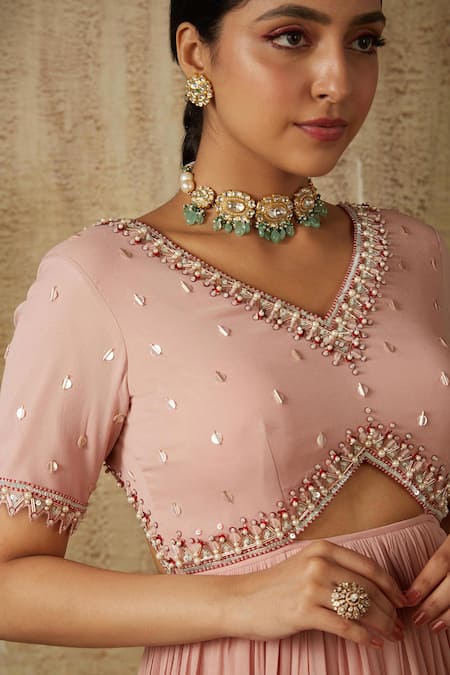 Ria Shah Label Pink Georgette Sequins, Crystals V-neck Front Cut-out Embellished Anarkali Online at Aza Fashions Ria Shah Label_Pink Georgette Sequins, Crystals V-neck Front Cut-out Embellished Anarkali _Online_at_Aza_Fashions