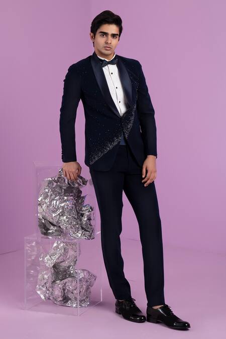 Shop_Contrast By Parth_Black Crystals Falling Star Embroidered Tuxedo Set _Online_at_Aza_Fashions