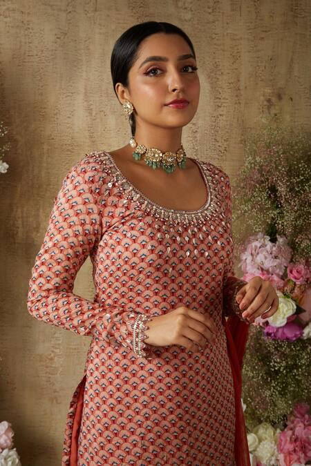 Ria Shah Label Red Cotton, Silk, Net Sequins, Crystals Floral Mughal Print Kurta Sharara Set Online at Aza Fashions Ria Shah Label_Red Cotton, Silk, Net Sequins, Crystals Floral Mughal Print Kurta Sharara Set _Online_at_Aza_Fashions