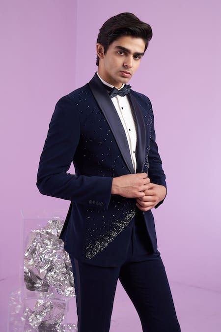 Contrast By Parth_Black Crystals Falling Star Embroidered Tuxedo Set _at_Aza_Fashions