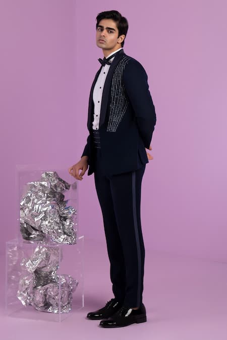 Shop Contrast By Parth White Silk Embroidery Black Hand Tuxedo Set Online at Aza Fashions Shop_Contrast By Parth_White Silk Embroidery Black Hand Tuxedo Set _Online_at_Aza_Fashions