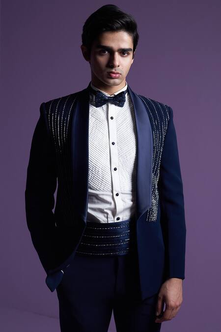 Contrast By Parth White Silk Embroidery Black Hand Tuxedo Set at Aza Fashions Contrast By Parth_White Silk Embroidery Black Hand Tuxedo Set _at_Aza_Fashions