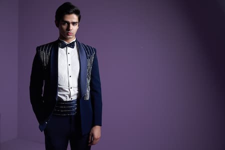 Shop_Contrast By Parth_White Silk Embroidery Black Hand Tuxedo Set 