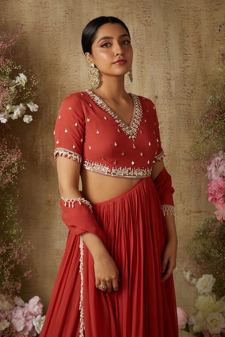 Ria Shah Label Red Georgette Sequins, Crystals, Tassels Cut-out Anarkali With Pearl Dupatta Online at Aza Fashions Ria Shah Label_Red Georgette Sequins, Crystals, Tassels Cut-out Anarkali With Pearl Dupatta _Online_at_Aza_Fashions