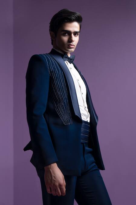 Buy Contrast By Parth White Silk Embroidery Black Hand Tuxedo Set Buy_Contrast By Parth_White Silk Embroidery Black Hand Tuxedo Set