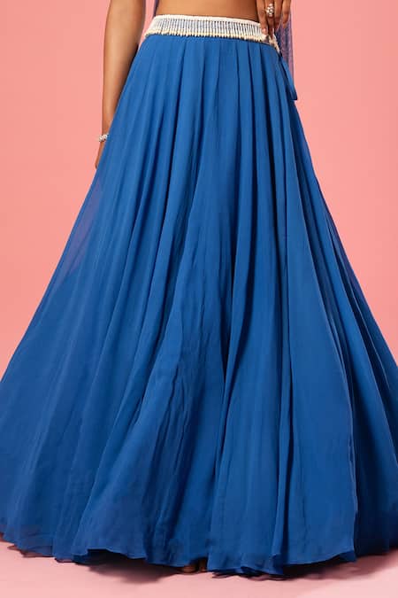 Shop_Quench A Thirst_Blue Georgette Pearls, Beads V-neck Waistband Embroidered Lehenga Set _Online_at_Aza_Fashions