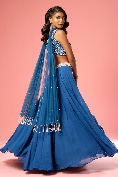 Quench A Thirst_Blue Georgette Pearls, Beads V-neck Waistband Embroidered Lehenga Set _Online_at_Aza_Fashions