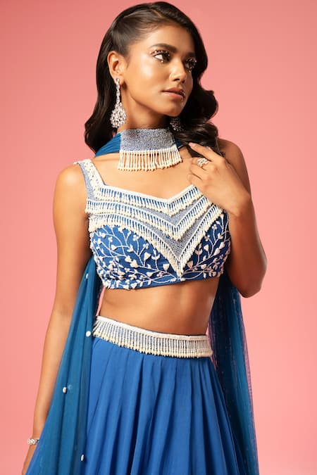 Buy_Quench A Thirst_Blue Georgette Pearls, Beads V-neck Waistband Embroidered Lehenga Set _Online_at_Aza_Fashions
