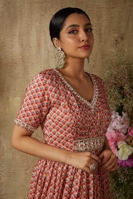 Ria Shah Label Red Cotton, Silk Sequins, Crystals V-neck Mughal Print Anarkali Online at Aza Fashions Ria Shah Label_Red Cotton, Silk Sequins, Crystals V-neck Mughal Print Anarkali _Online_at_Aza_Fashions