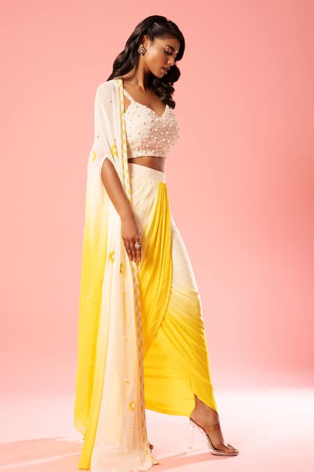 Shop_Quench A Thirst_Ivory Modal, Georgette Pearls, Ombre Jacket And Pre-draped Dhoti Skirt Set _Online_at_Aza_Fashions