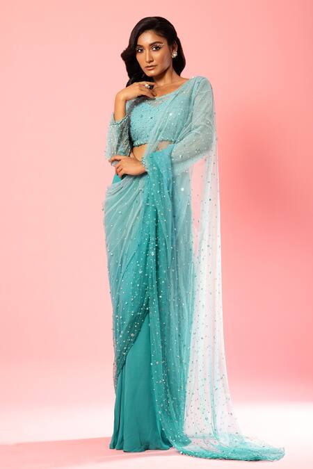 Quench A Thirst Blue Georgette, Net Pearls, Sequins Round Hand Embroidered Saree With Blouse Online at Aza Fashions Quench A Thirst_Blue Georgette, Net Pearls, Sequins Round Hand Embroidered Saree With Blouse _Online_at_Aza_Fashions