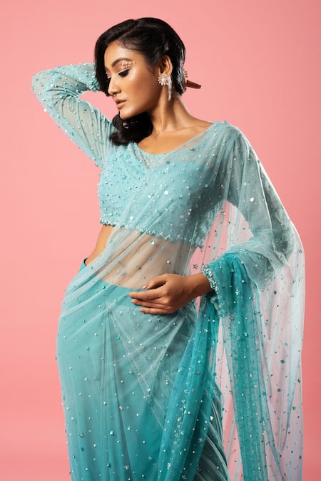 Buy Quench A Thirst Blue Georgette, Net Pearls, Sequins Round Hand Embroidered Saree With Blouse Online at Aza Fashions Buy_Quench A Thirst_Blue Georgette, Net Pearls, Sequins Round Hand Embroidered Saree With Blouse _Online_at_Aza_Fashions