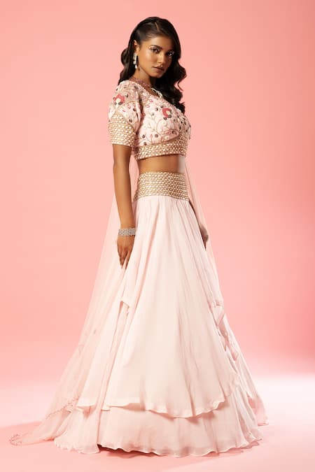 Buy Quench A Thirst Pink Organza, Net Pearls, Sequins, Cut Work, Layered Lehenga And Blouse Set Online at Aza Fashions Buy_Quench A Thirst_Pink Organza, Net Pearls, Sequins, Cut Work, Layered Lehenga And Blouse Set _Online_at_Aza_Fashions