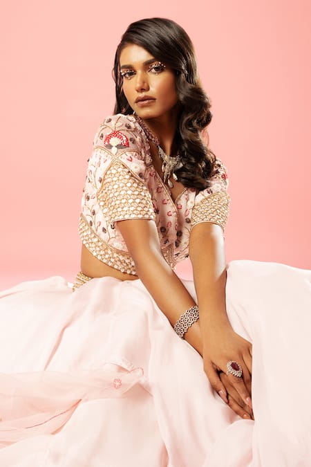 Shop Quench A Thirst Pink Organza, Net Pearls, Sequins, Cut Work, Layered Lehenga And Blouse Set Online at Aza Fashions Shop_Quench A Thirst_Pink Organza, Net Pearls, Sequins, Cut Work, Layered Lehenga And Blouse Set _Online_at_Aza_Fashions