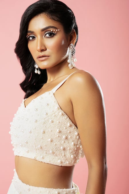 Quench A Thirst_Ivory Georgette, Net Pearls Sweetheart Neck Ombre Effect Lehenga Set _Online_at_Aza_Fashions