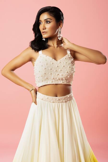 Buy_Quench A Thirst_Ivory Georgette, Net Pearls Sweetheart Neck Ombre Effect Lehenga Set _Online_at_Aza_Fashions