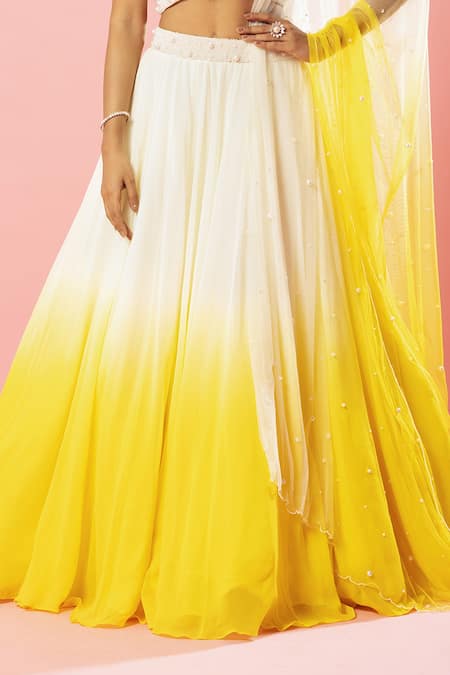 Shop_Quench A Thirst_Ivory Georgette, Net Pearls Sweetheart Neck Ombre Effect Lehenga Set _Online_at_Aza_Fashions