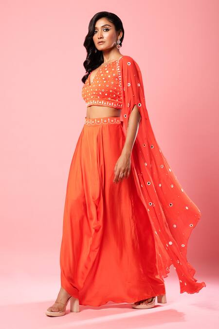 Quench A Thirst_Orange Georgette, Modal Mirrors, Embroidery V-neck Cape And Dhoti Pant Set _Online_at_Aza_Fashions
