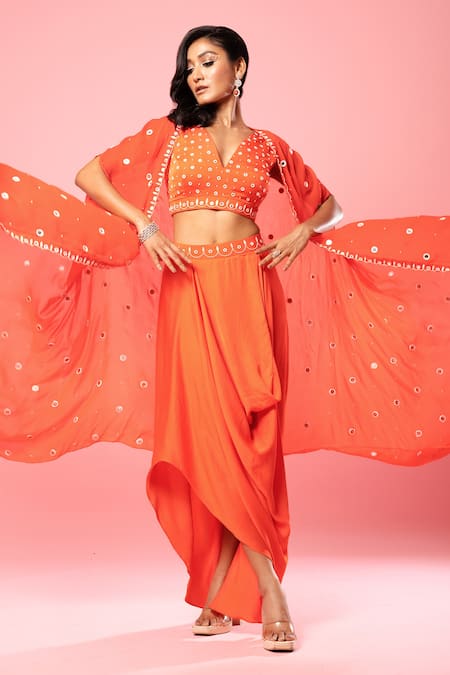 Buy_Quench A Thirst_Orange Georgette, Modal Mirrors, Embroidery V-neck Cape And Dhoti Pant Set _Online_at_Aza_Fashions