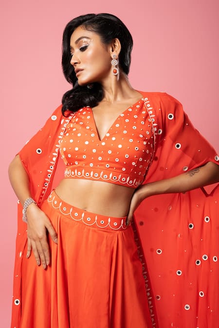 Shop_Quench A Thirst_Orange Georgette, Modal Mirrors, Embroidery V-neck Cape And Dhoti Pant Set _Online_at_Aza_Fashions