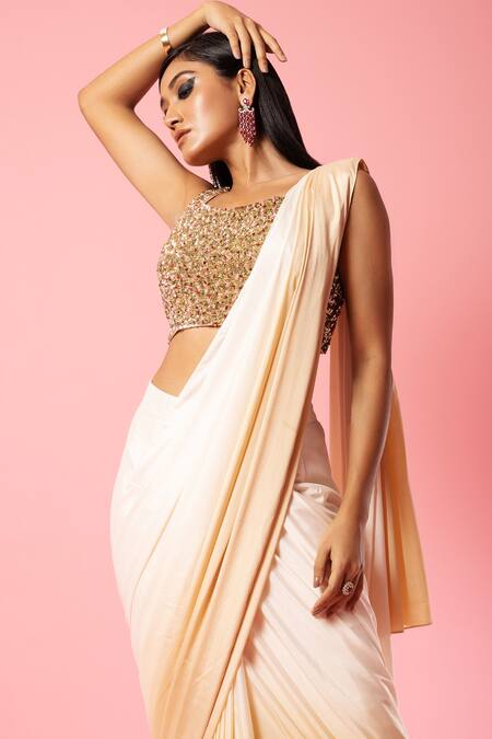 Quench A Thirst Ivory Crepe, Silk Sequins Scoop Ombre Pre-stitched Saree With Embroidered Blouse Online at Aza Fashions Quench A Thirst_Ivory Crepe, Silk Sequins Scoop Ombre Pre-stitched Saree With Embroidered Blouse _Online_at_Aza_Fashions