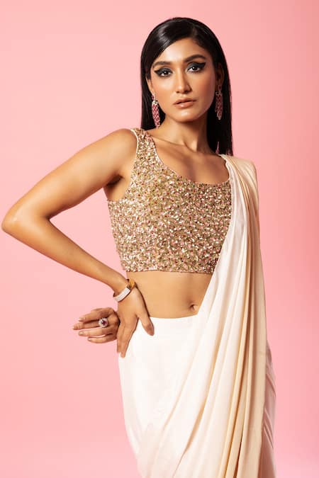Buy Quench A Thirst Ivory Crepe, Silk Sequins Scoop Ombre Pre-stitched Saree With Embroidered Blouse Online at Aza Fashions Buy_Quench A Thirst_Ivory Crepe, Silk Sequins Scoop Ombre Pre-stitched Saree With Embroidered Blouse _Online_at_Aza_Fashions