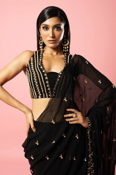 Buy Quench A Thirst Black Georgette Cut Work Scoop Neck Pre-stitched Saree With Embroidered Blouse Online at Aza Fashions Buy_Quench A Thirst_Black Georgette Cut Work Scoop Neck Pre-stitched Saree With Embroidered Blouse _Online_at_Aza_Fashions