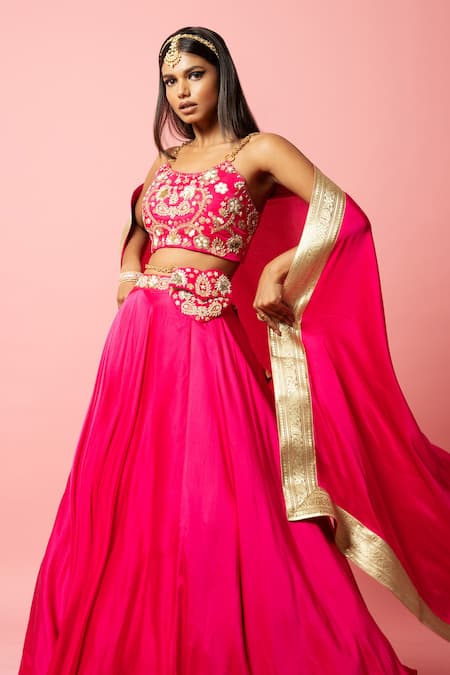 Buy_Quench A Thirst_Pink Modal, Satin Pearls, Cut Work, Sequins, Floral Blouse And Lehenga Set _Online_at_Aza_Fashions