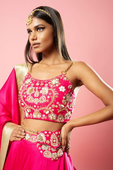 Shop_Quench A Thirst_Pink Modal, Satin Pearls, Cut Work, Sequins, Floral Blouse And Lehenga Set _Online_at_Aza_Fashions