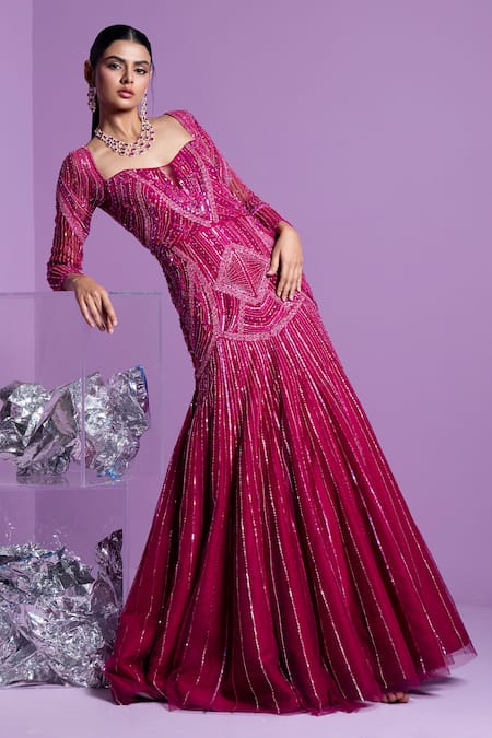 Parul Gandhi_Pink Silk, Cotton Sequins, Crystals Prism Jewel Embellished Mermaid Gown _Online_at_Aza_Fashions