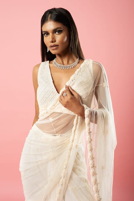 Buy Quench A Thirst Ivory Georgette, Net Sequins, Cut Pre-stitched Saree With Embroidered Blouse Online at Aza Fashions Buy_Quench A Thirst_Ivory Georgette, Net Sequins, Cut Pre-stitched Saree With Embroidered Blouse _Online_at_Aza_Fashions