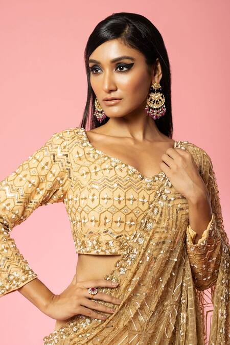 Quench A Thirst Gold Georgette, Net Embroidery, Cut Work Pre-stitched Saree With Pearl Blouse Online at Aza Fashions Quench A Thirst_Gold Georgette, Net Embroidery, Cut Work Pre-stitched Saree With Pearl Blouse _Online_at_Aza_Fashions