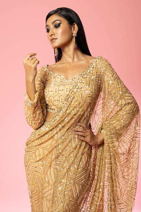 Buy Quench A Thirst Gold Georgette, Net Embroidery, Cut Work Pre-stitched Saree With Pearl Blouse Online at Aza Fashions Buy_Quench A Thirst_Gold Georgette, Net Embroidery, Cut Work Pre-stitched Saree With Pearl Blouse _Online_at_Aza_Fashions