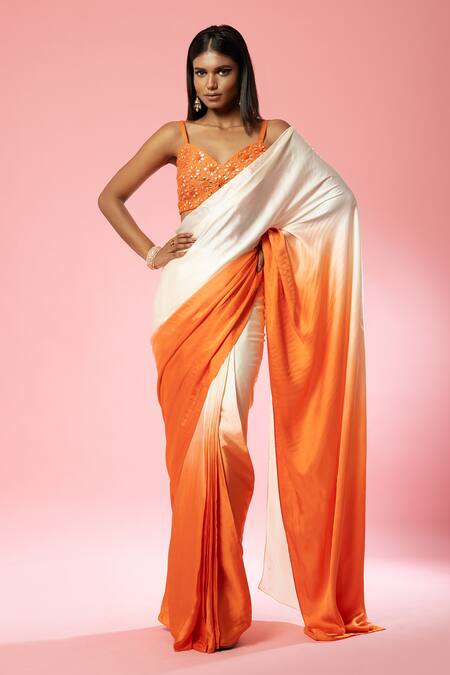 Quench A Thirst_Ivory Modal, Satin Embroidery, Sequins, Pre-stitched Ombre Saree With Blouse _Online_at_Aza_Fashions