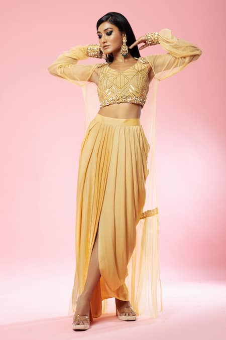 Quench A Thirst_Gold Modal, Satin Pearls, Sequins Sleeve Embroidered Cape And Dhoti Skirt Set _Online_at_Aza_Fashions
