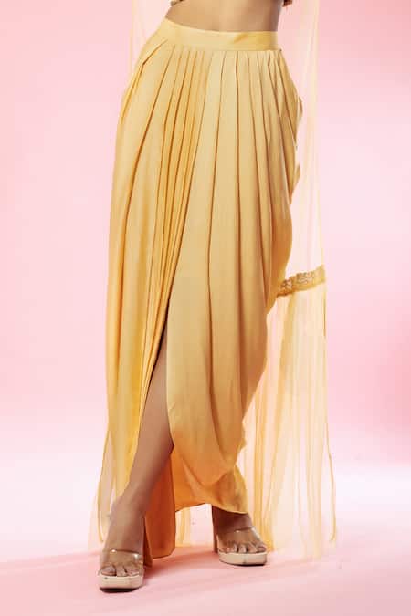 Buy_Quench A Thirst_Gold Modal, Satin Pearls, Sequins Sleeve Embroidered Cape And Dhoti Skirt Set _Online_at_Aza_Fashions