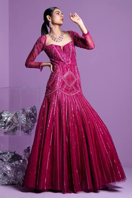 Buy_Parul Gandhi_Pink Silk, Cotton Sequins, Crystals Prism Jewel Embellished Mermaid Gown _Online_at_Aza_Fashions